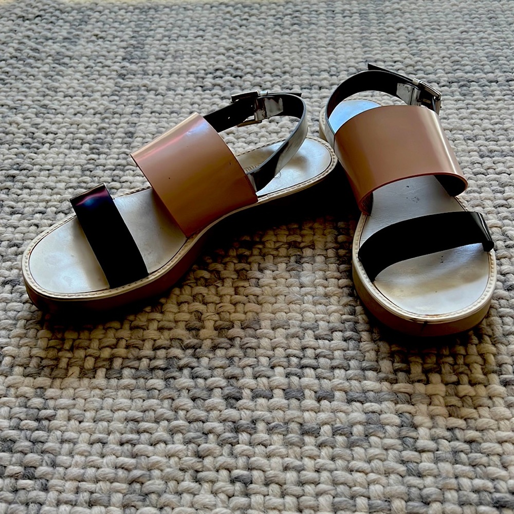 adorable black, nude and silver wedge sandals. perfect for summer!